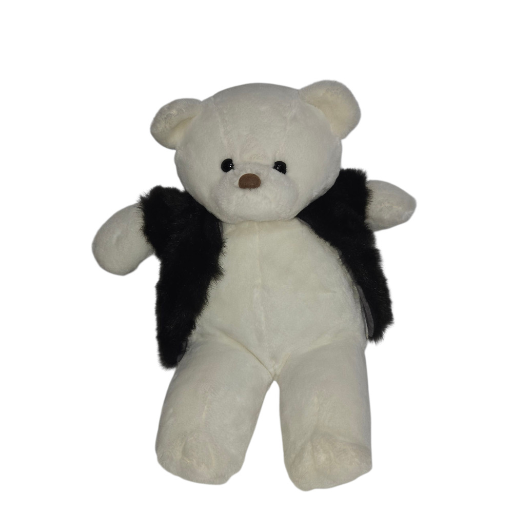 House of Hull White Teddy Bear Plush Black Faux Fur Vest 15‎ Inch Vintage 1987
